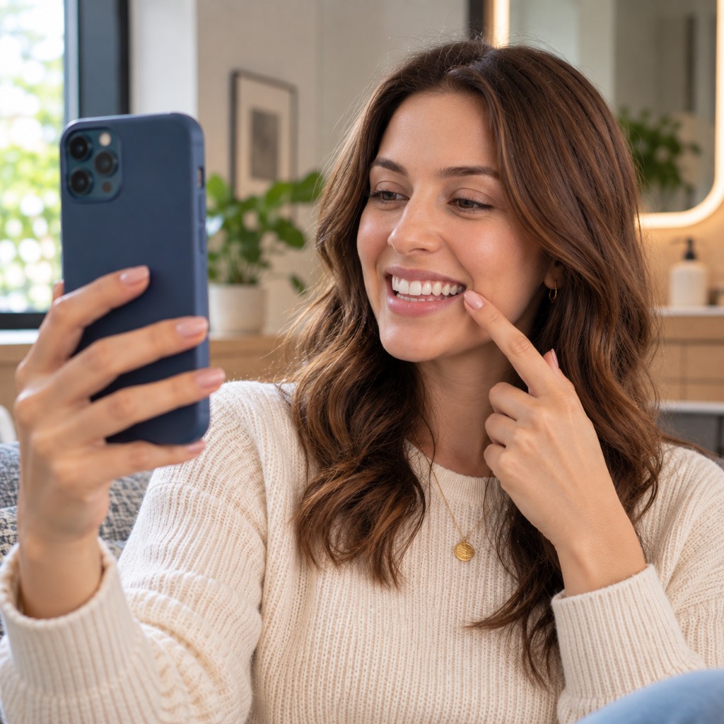 Woman scanning her smile with a smartphone