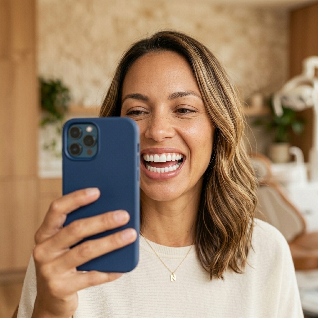 Woman scanning teeth with smartphone